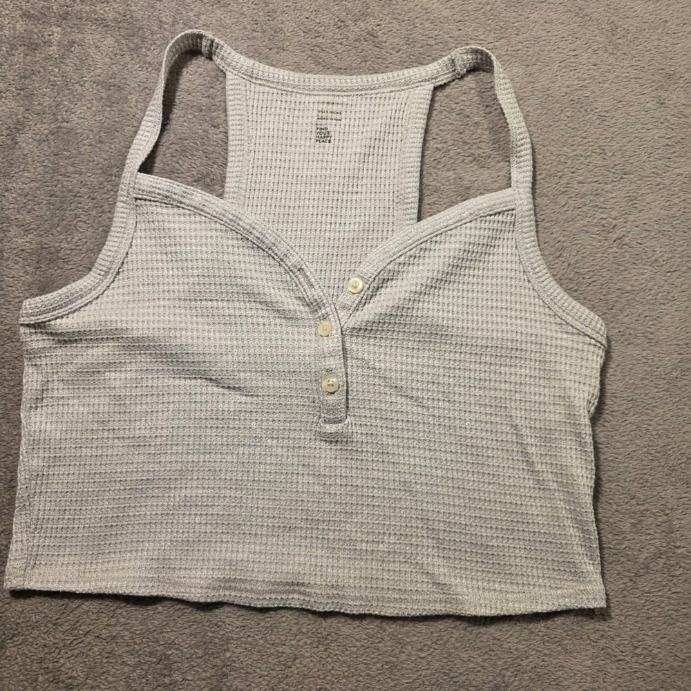 Gilly Hicks Women Large Gray Waffle Knit Henley Racerback Cropped Tank Top